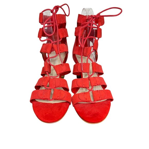 Marc Fisher Red Leather "Paradox" Lace-Up Caged Heeled Sandals, 3" Heel, Size 8M - Picture 5 of 10